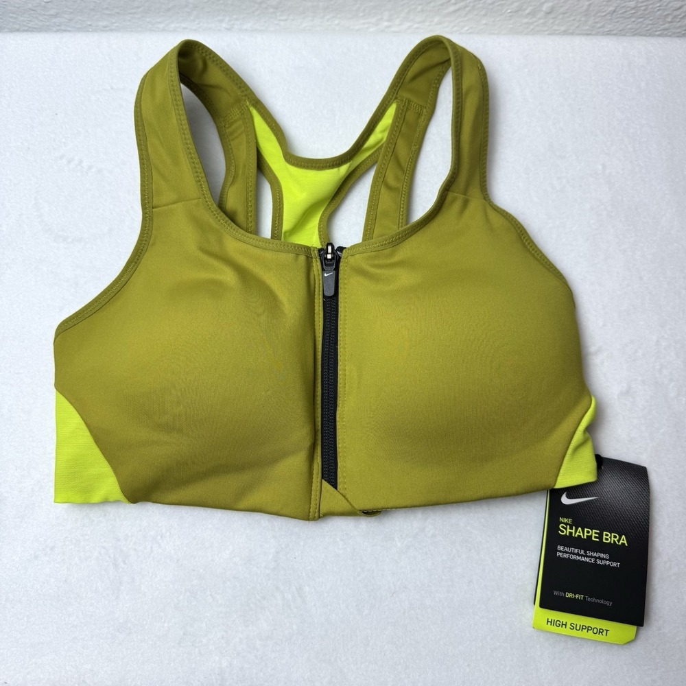 New Nike Shape Bra‎ Women's XS Olive Green High Support Zip Front Padded Sports